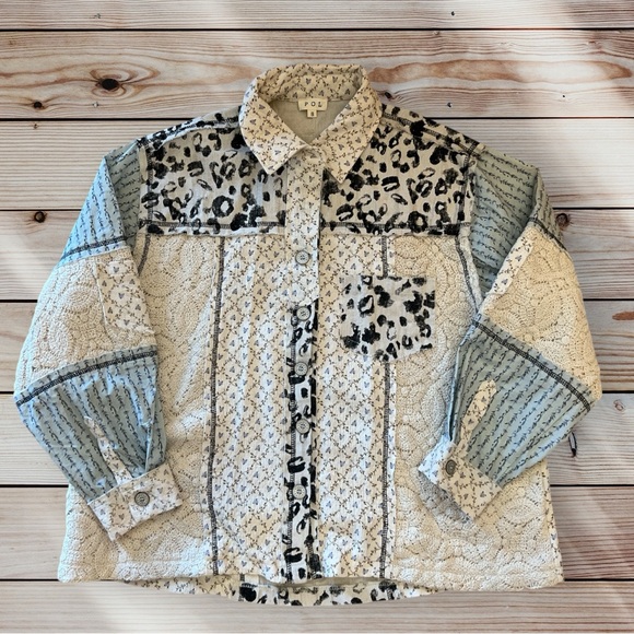 POL Tops - POL Patchwork Lace Leopard Floral Button up Jacket Shacket Cream and Black Small